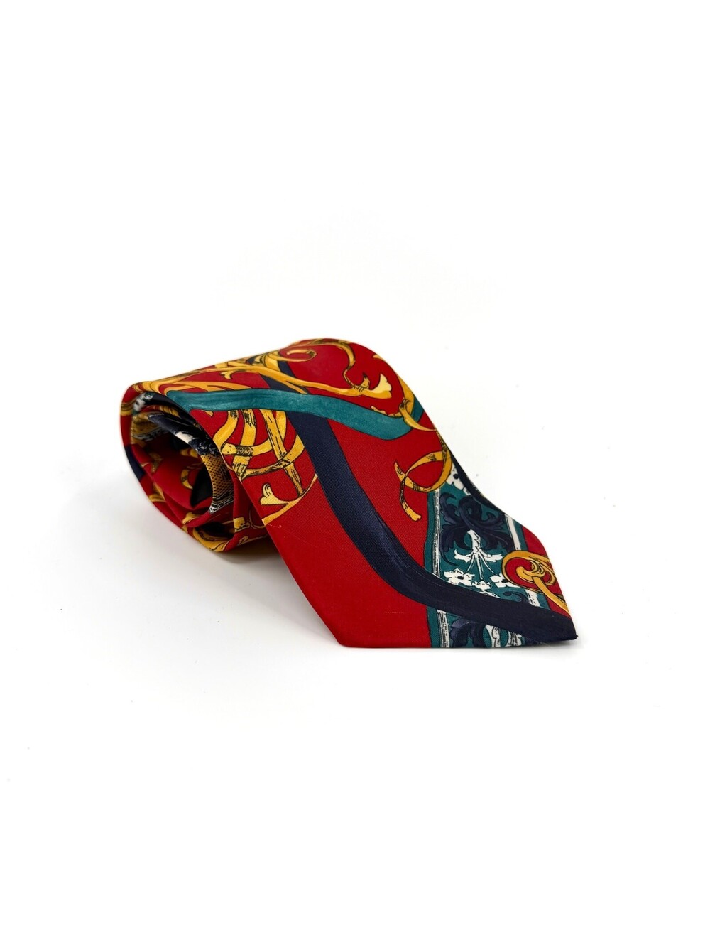Vintage 90s Italian Handmade Red Baroque Ornate 100% Silk Tie